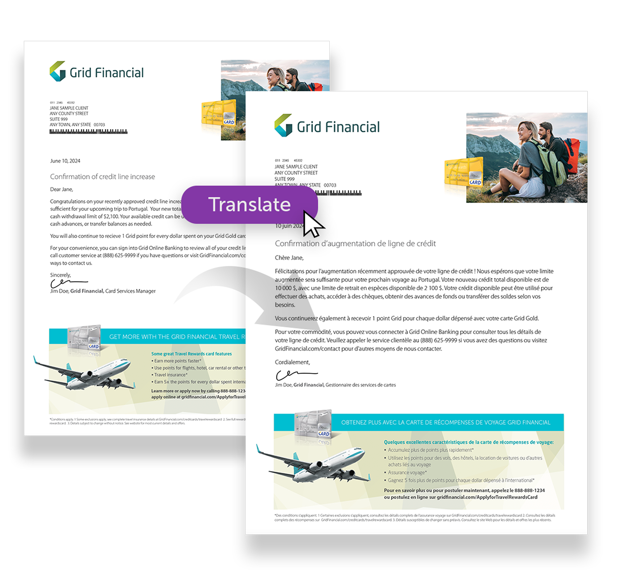 Two Grid Financial letters side by side with travel rewards info and a purple Translate button overlaid.