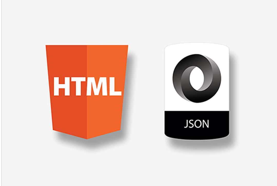 HTML shield logo in orange and JSON black and white icon side by side on a light background.