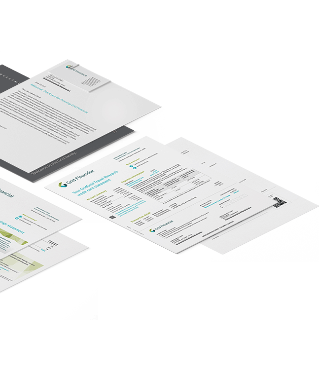 Stack of financial documents including statements and letters with Grif Financial branding.