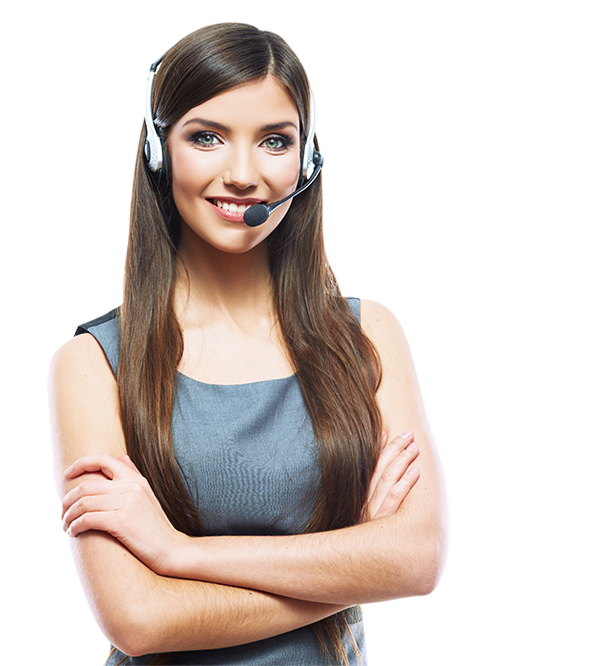 Smiling woman with long hair wearing a headset and gray sleeveless top with arms crossed.