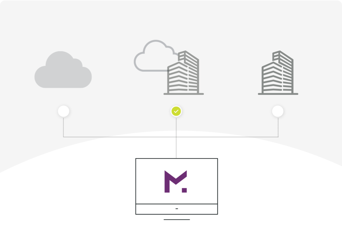 Cloud and building icons connected to a computer with a purple M logo, highlighting the center building icon.