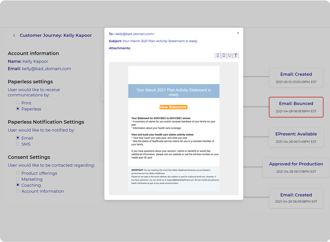 Screen showing email details for Kelly Kapoor with paperless settings and email status timeline.