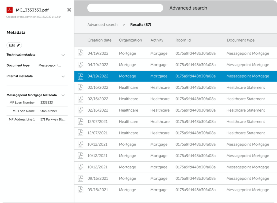 Document search interface showing mortgage and healthcare records with metadata details for a selected PDF file.