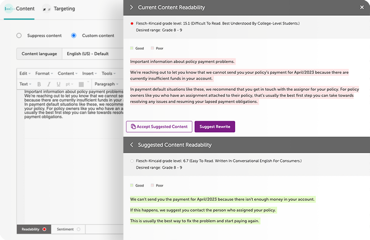 Screen showing content readability comparison: difficult official text vs easier conversational rewrite.