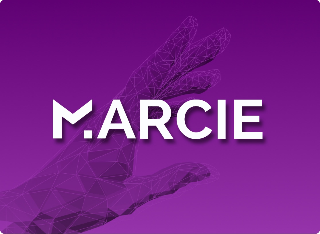 Wireframe hand on purple background with the word 'MARCIE' in bold white letters.