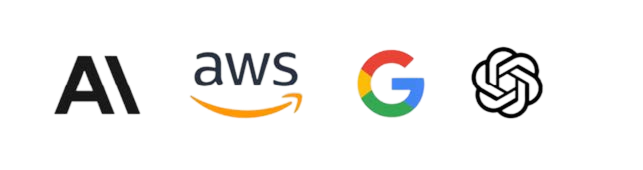 Logos of AI, AWS, Google, and OpenAI on a black background.