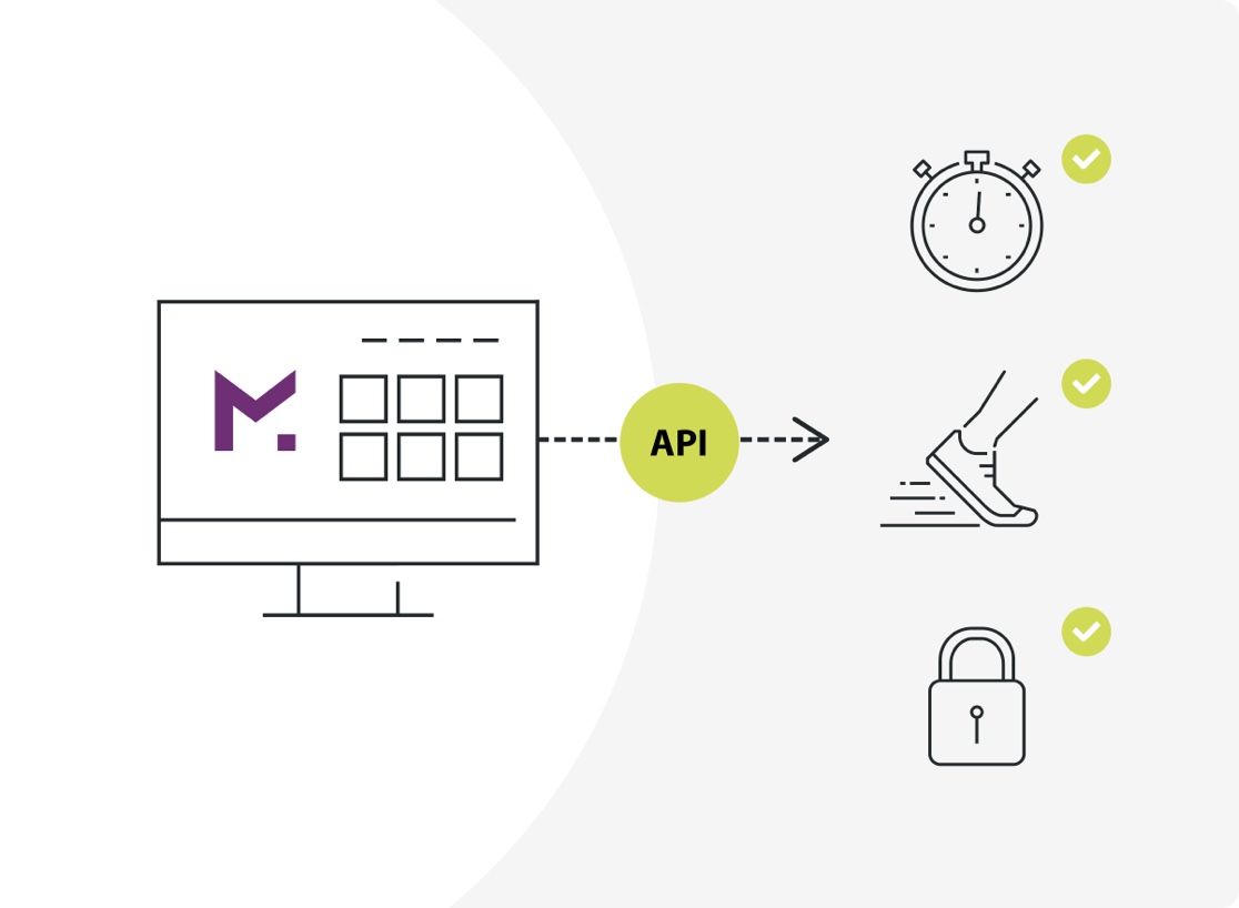 Illustration of a computer connecting via API to check stopwatch, running shoe, and locked padlock icons.