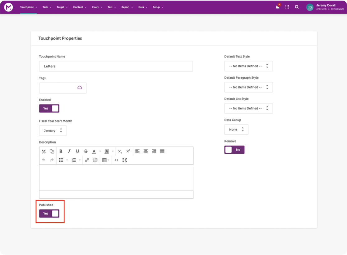 Touchpoint Properties panel showing settings for Letters with options for styles, tags, and published toggle on yes.