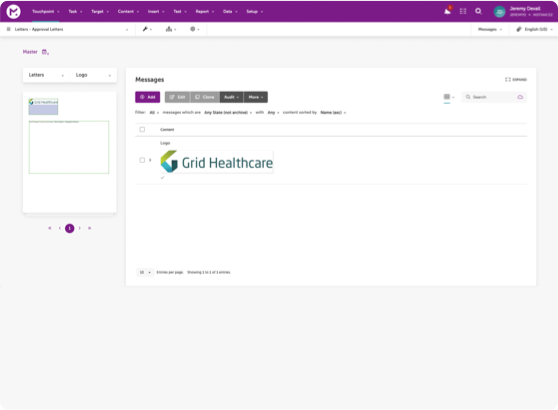 Software interface showing 'Grid Healthcare' logo in messages section with toolbar and user details.