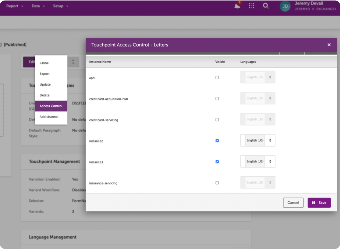 Settings window for Touchpoint Access Control showing instance names, visibility checkboxes, and language options.