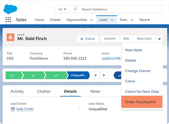 Salesforce Lead details for Mr. Sidd Finch with options menu including Order Touchpoint highlighted.