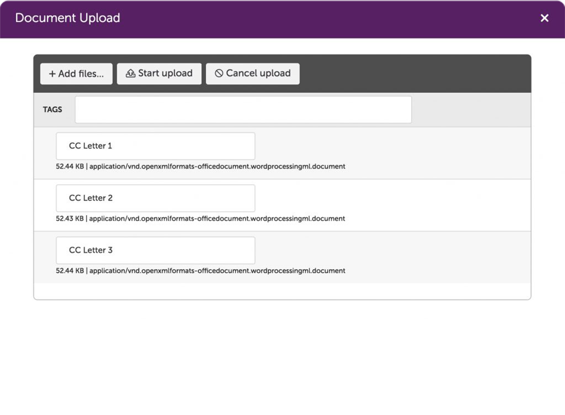 Document upload window with buttons to add files, start, or cancel upload and three listed files named CC Letter 1, 2, 3.
