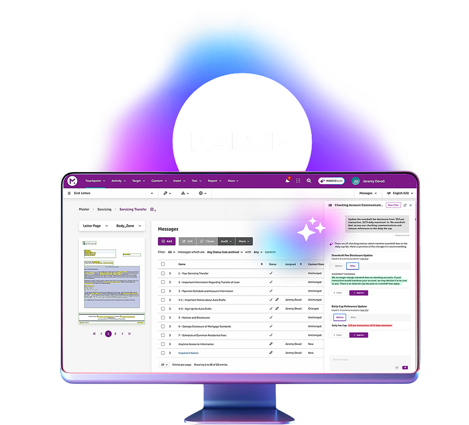 Computer monitor displaying Marcie software interface for managing servicing transfer messages.