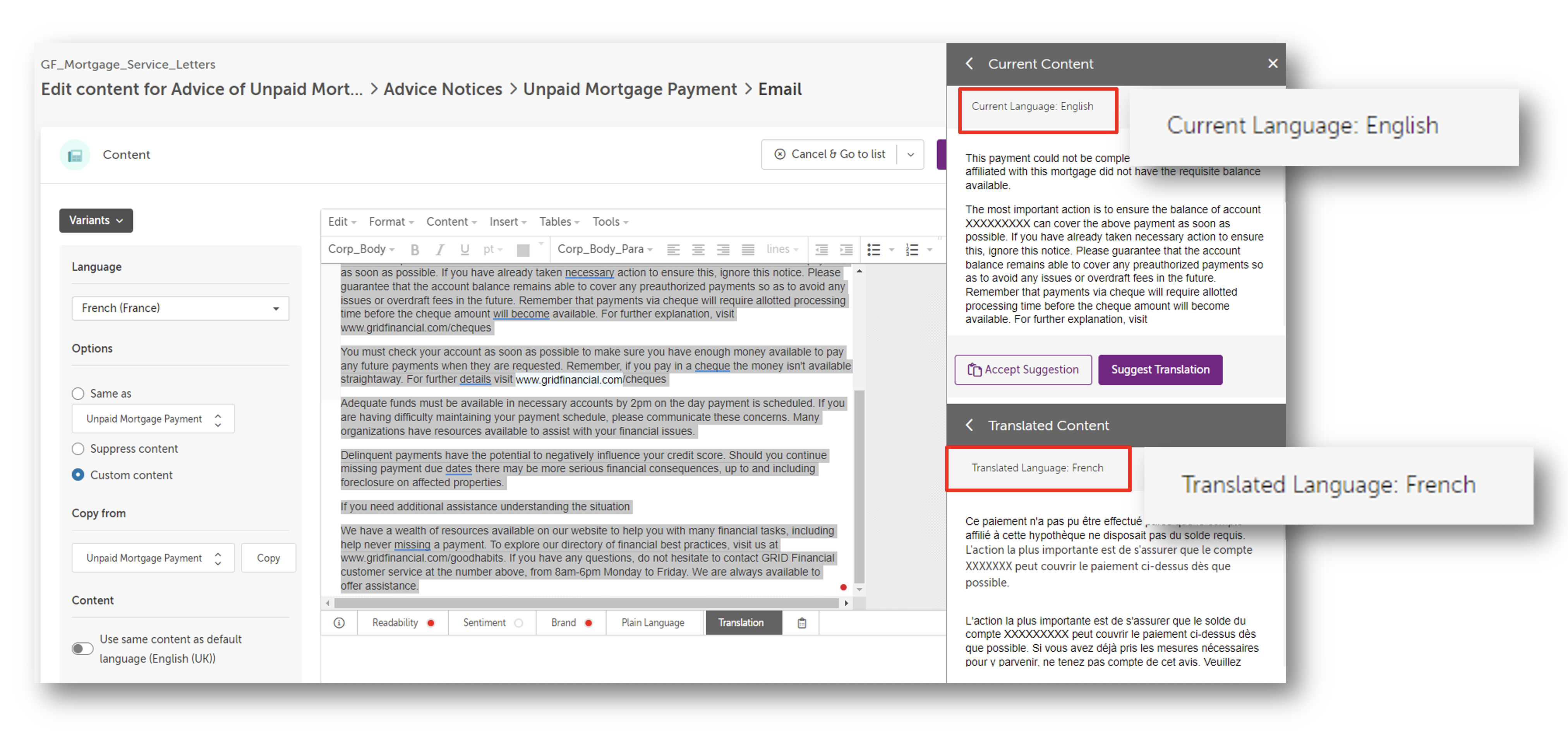 User interface showing mortgage payment email translation from English to French with editable text sections.