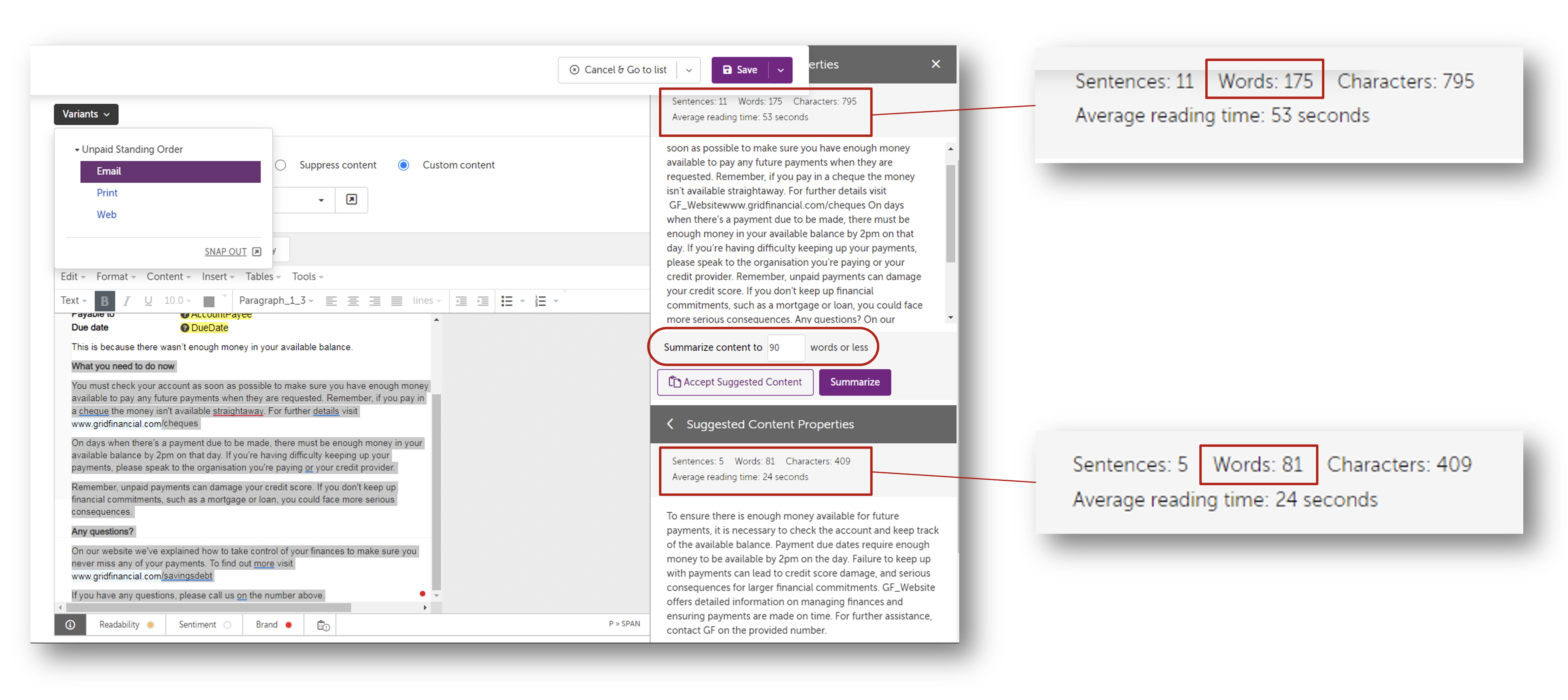 Screenshot of a text editor showing content summarization with word counts and readability statistics.