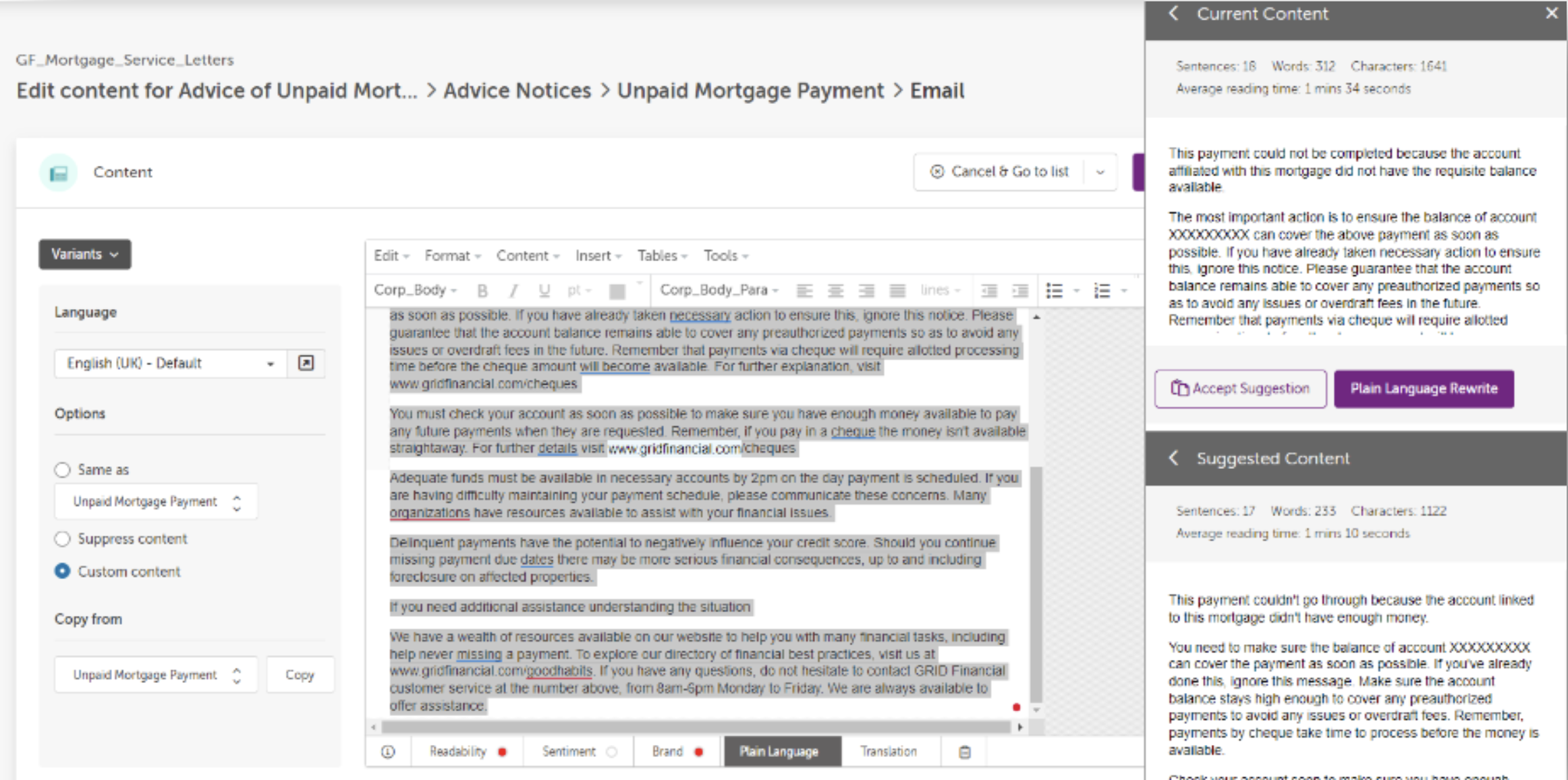 Screen showing mortgage payment email content editor with plain language rewrite suggestions on the side.
