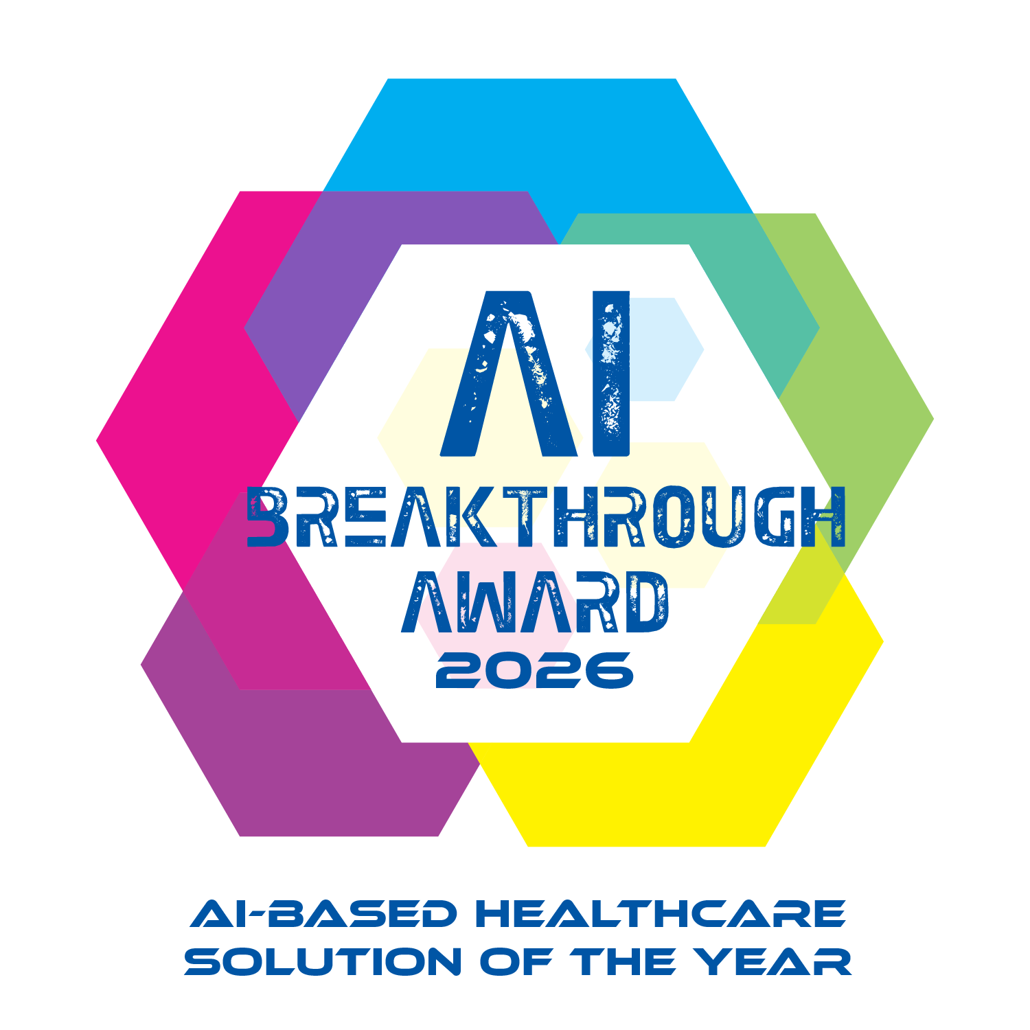 Badge with hexagons and text AI Breakthrough Award 2026 AI-based Healthcare Solution of the Year.