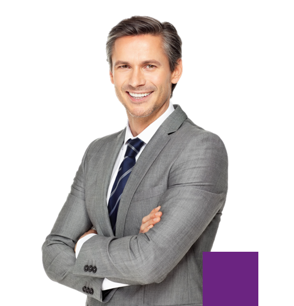 Smiling man in a gray suit and striped tie, arms crossed, against a transparent background.