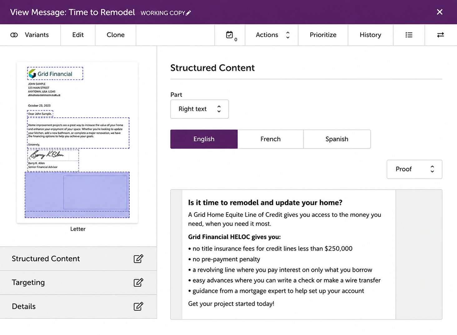 User interface showing editing of a financial letter offering a home equity line of credit with features listed.