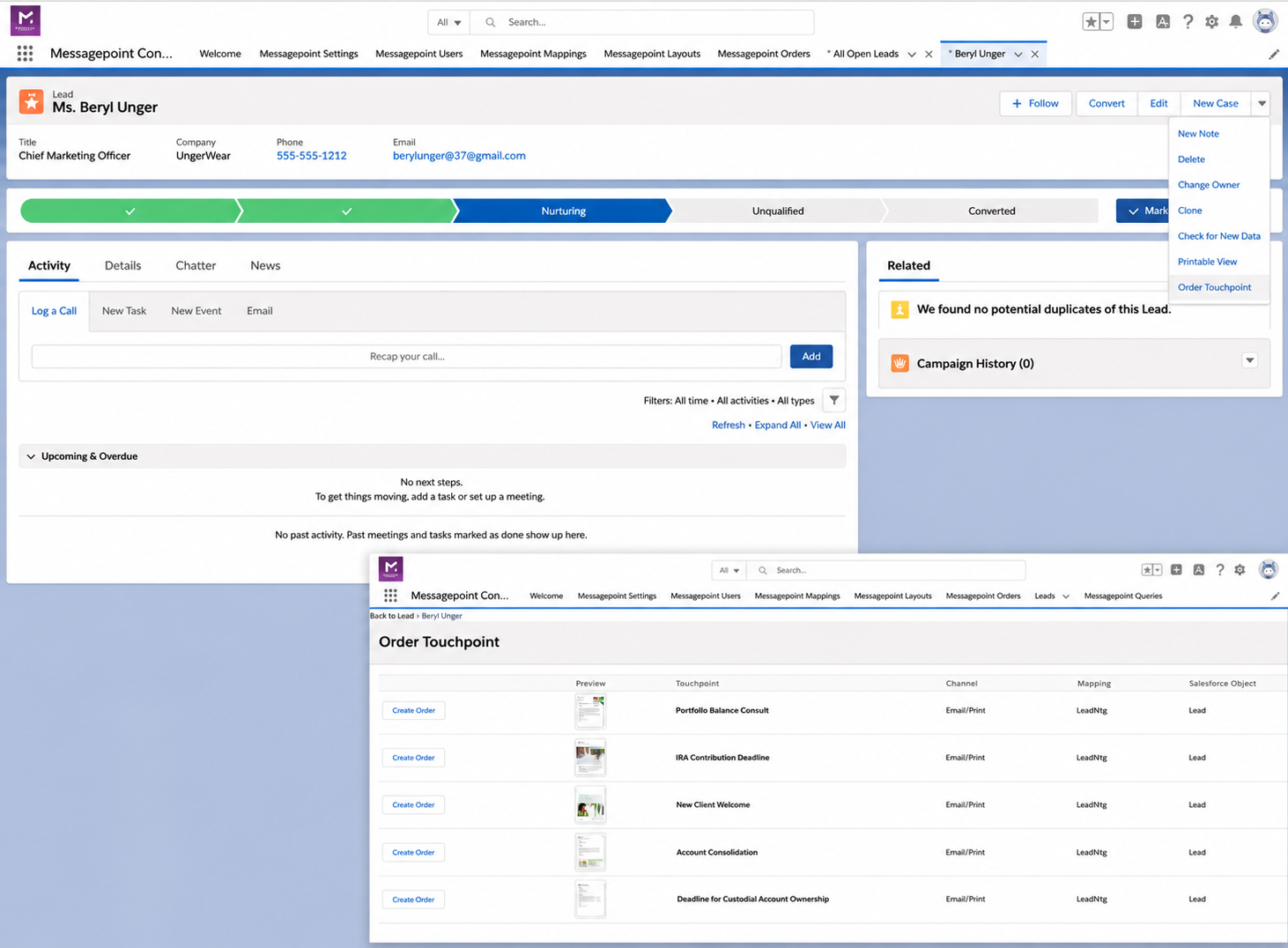 Customer management dashboard showing lead details for Beryl Unger with order touchpoints for email and print delivery.