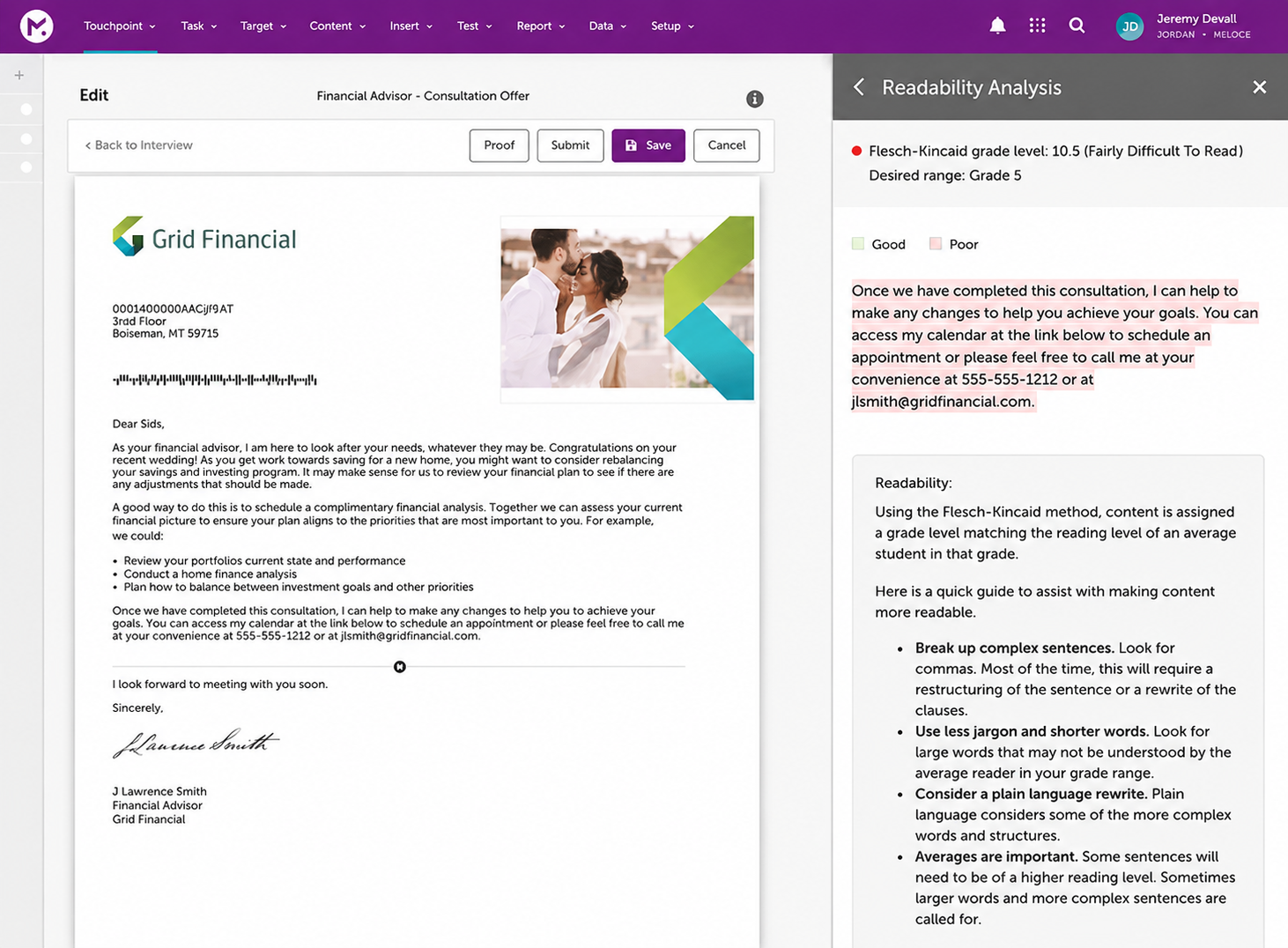 Financial advisor letter draft with readability analysis showing Flesch-Kincaid grade 10.5, highlighting complex text.