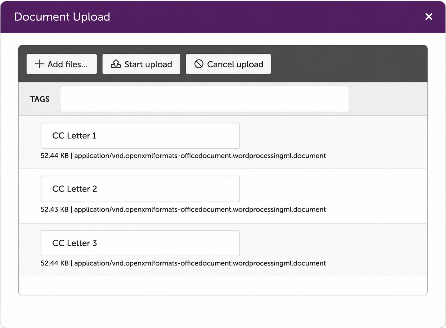 Document upload window showing three files named CC Letter 1, 2, and 3 with sizes and file type details.