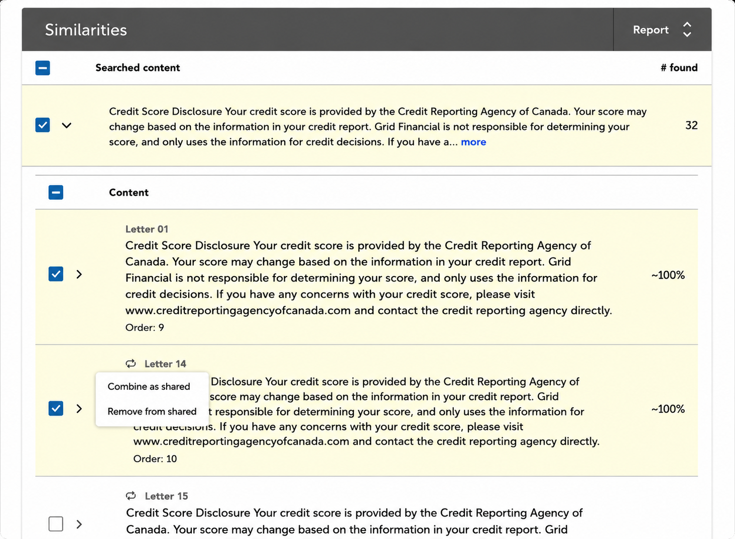 Screen showing text comparison with credit score disclosure from the Credit Reporting Agency of Canada.