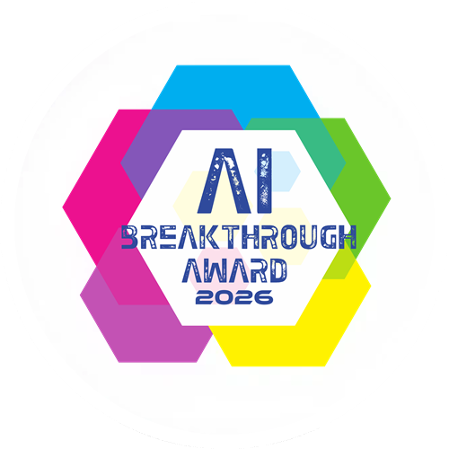 Hexagon shapes in blue, green, yellow, and pink surround text reading AI Breakthrough Award 2026.