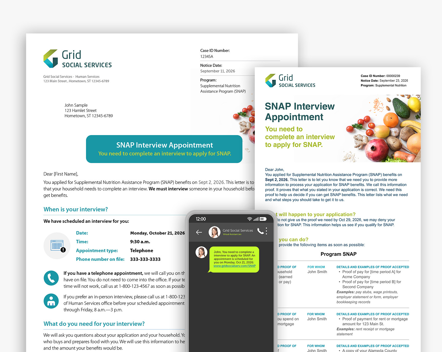 Letters and phone screen about SNAP interview appointments and required documents for benefits.