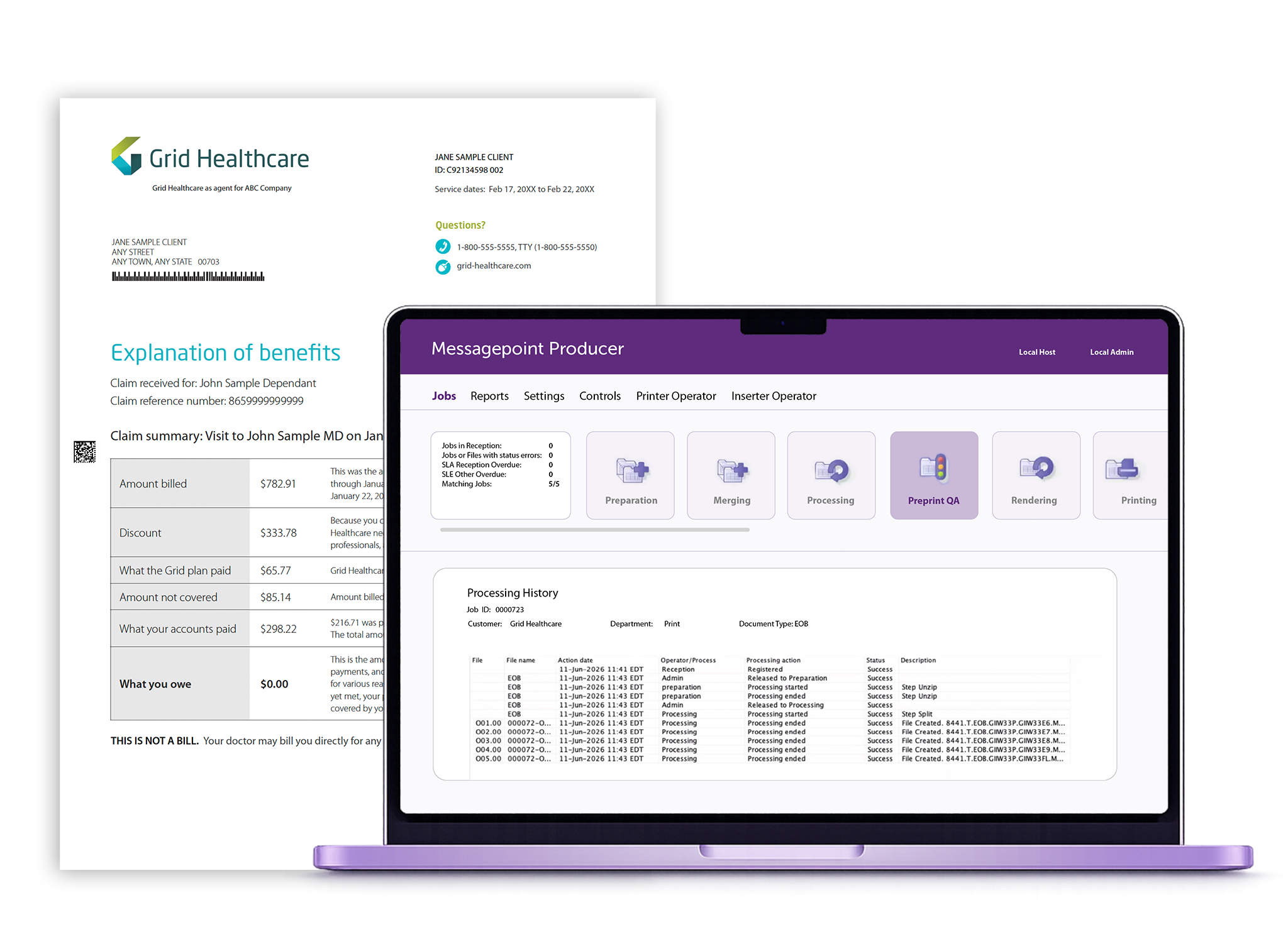Laptop showing Messagepoint Producer interface with job processing steps and a healthcare benefits explanation document.