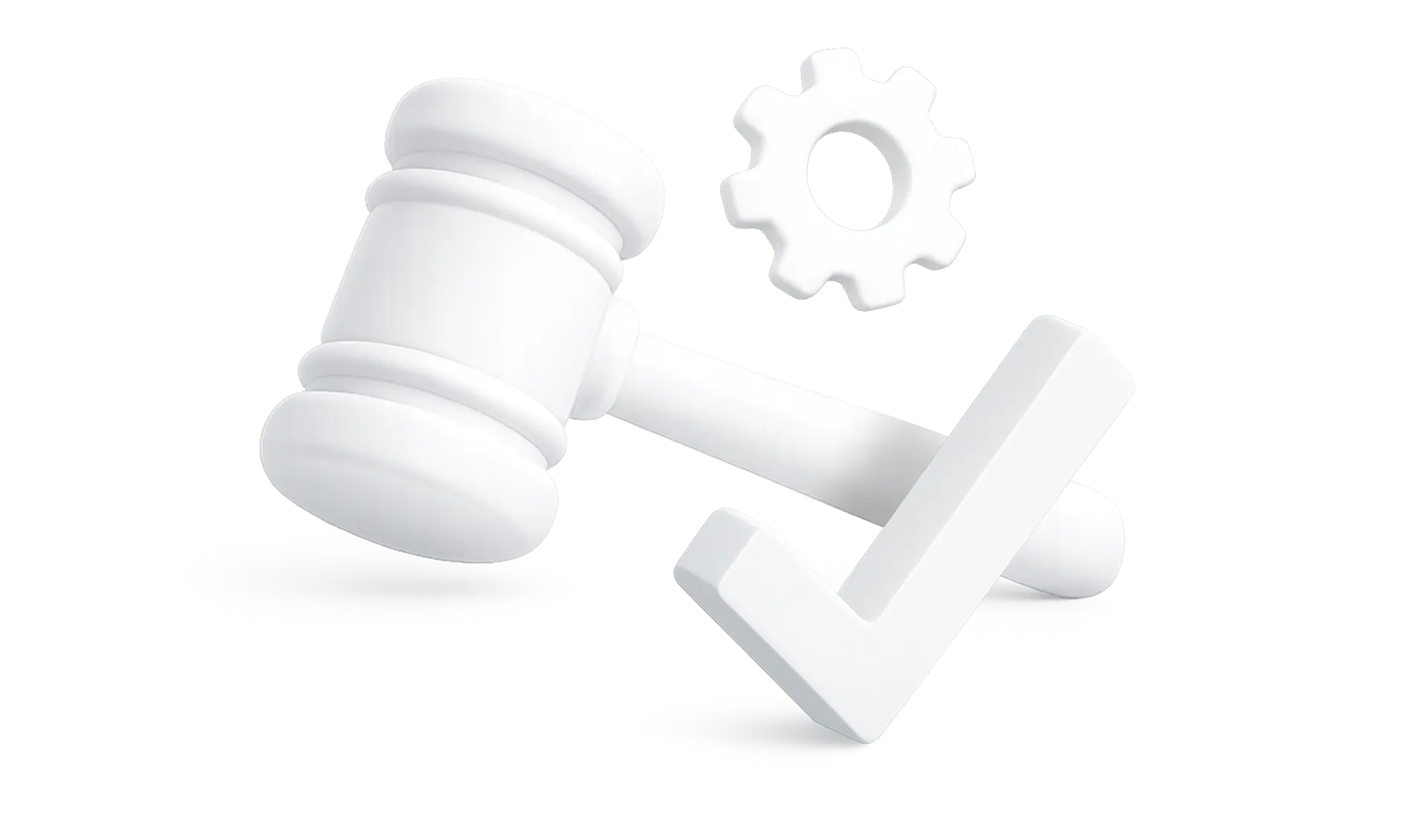 White judge gavel, checkmark, and gear icon on a white background symbolizing compliance and regulation.