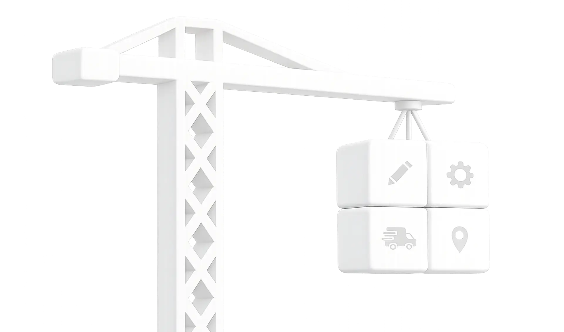 White construction crane lifting four connected white cubes with pencil, gear, truck, and location icons.
