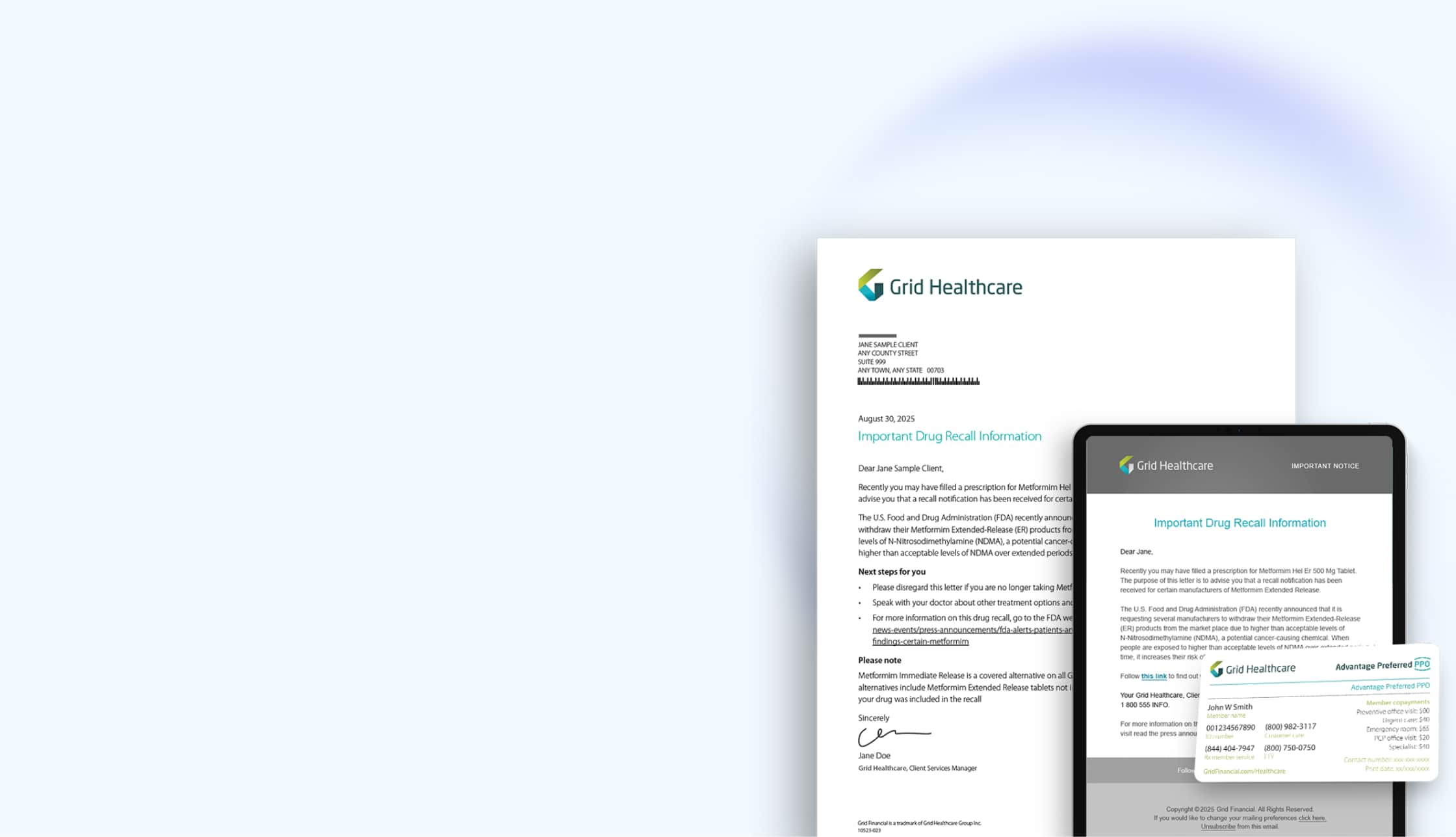 Grid Healthcare drug recall letter, tablet screen, and health insurance card with member info.