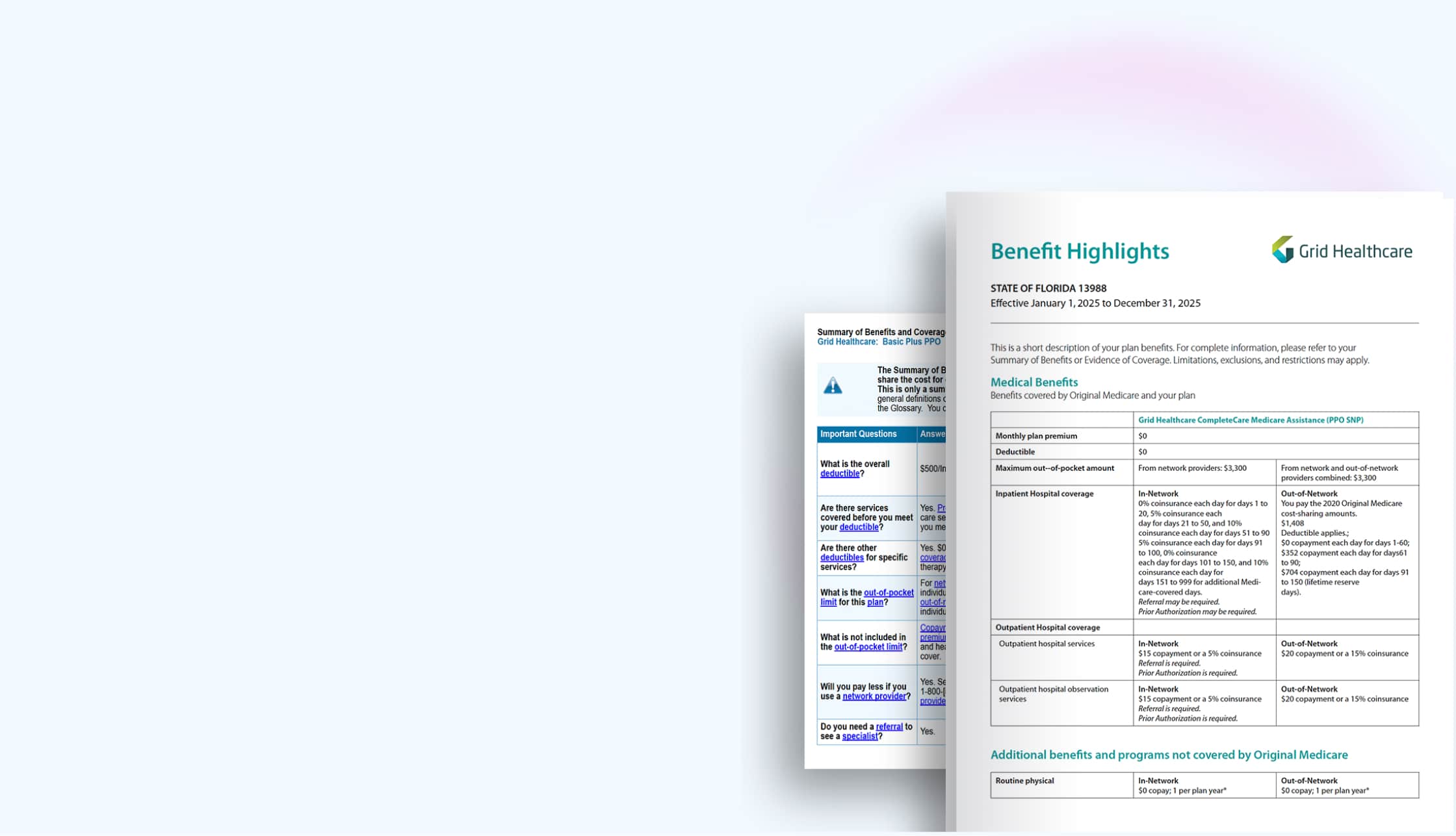 Printed document showing Grid Healthcare benefit highlights and plan details for Florida from 2025 to 2025.