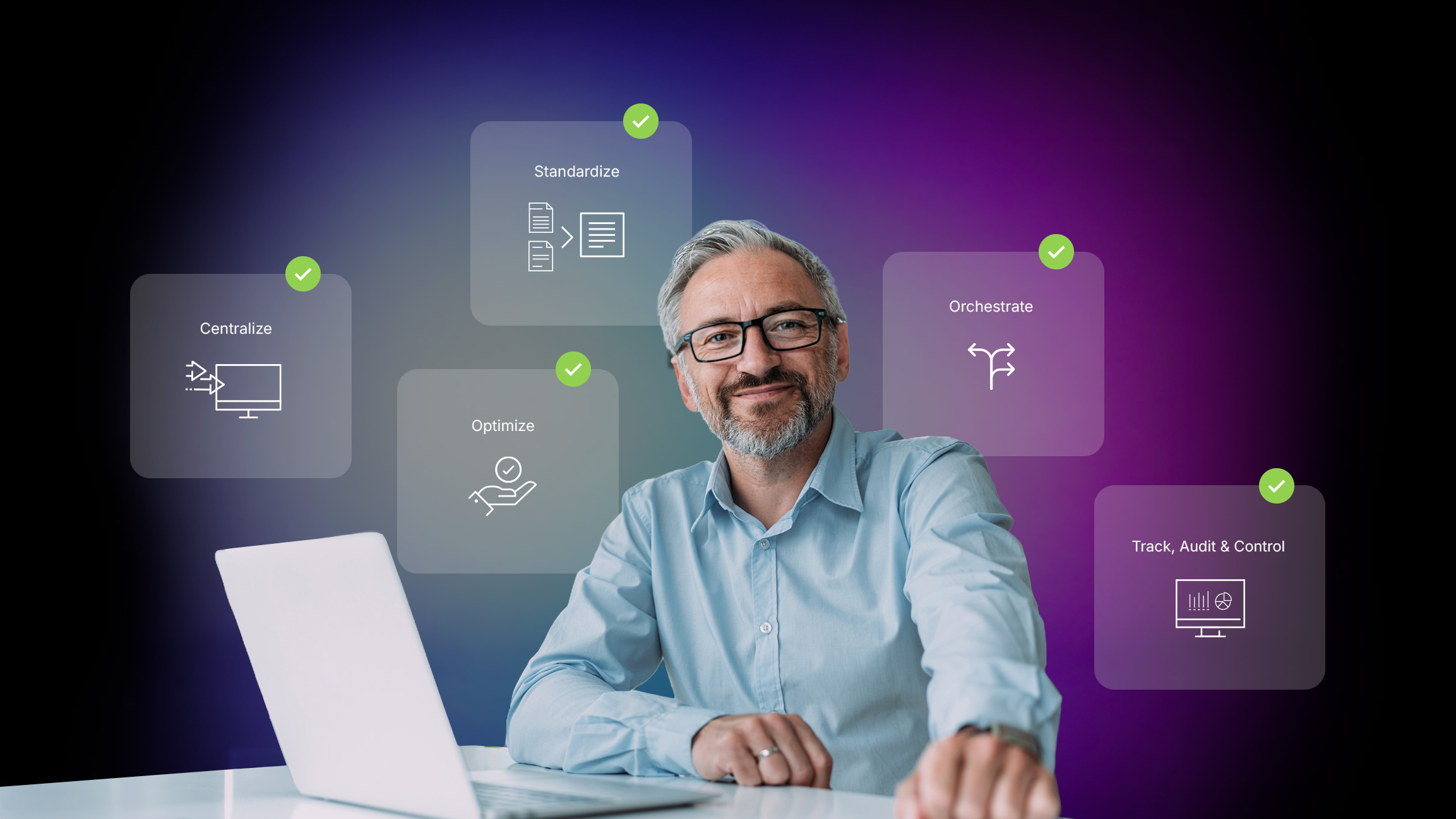 Smiling man with glasses seated at a desk with a laptop and floating icons of workflow steps.