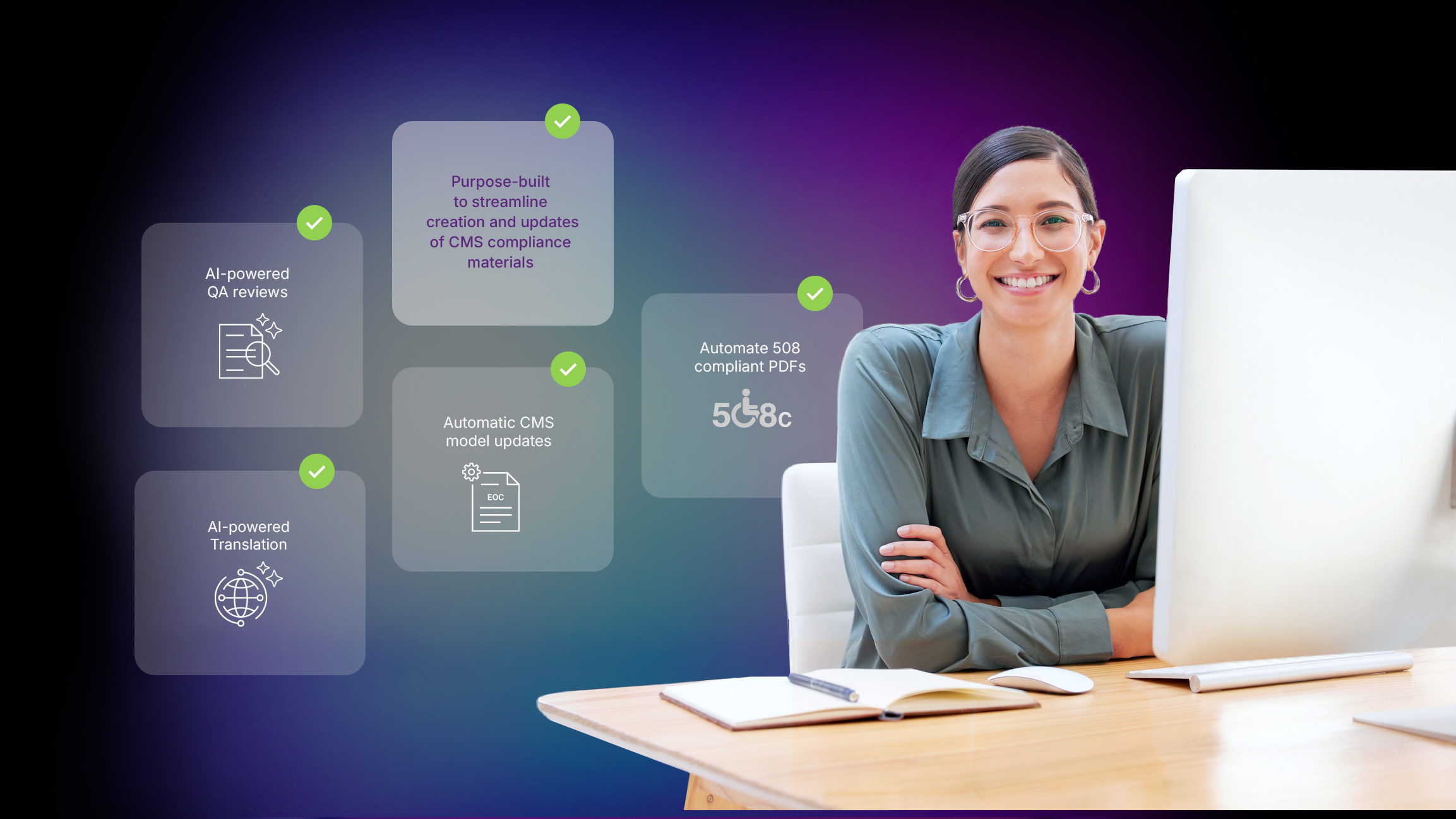 Smiling woman with glasses sitting at desk with computer and notebook, AI-powered compliance features shown.