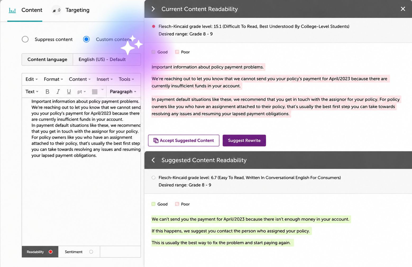 Interface showing original and suggested content with readability scores and color-coded feedback for policy payment text.
