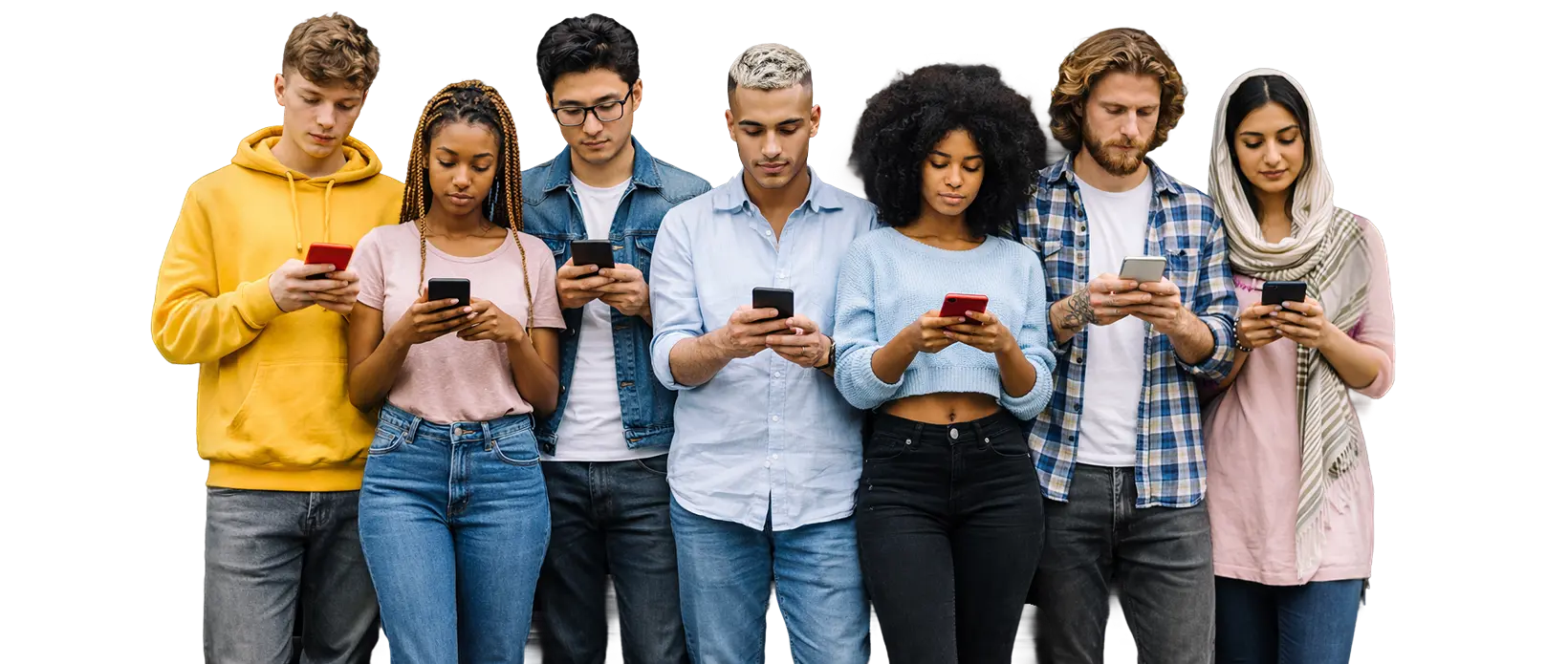 Seven diverse young adults standing in a row, focused on their smartphones.