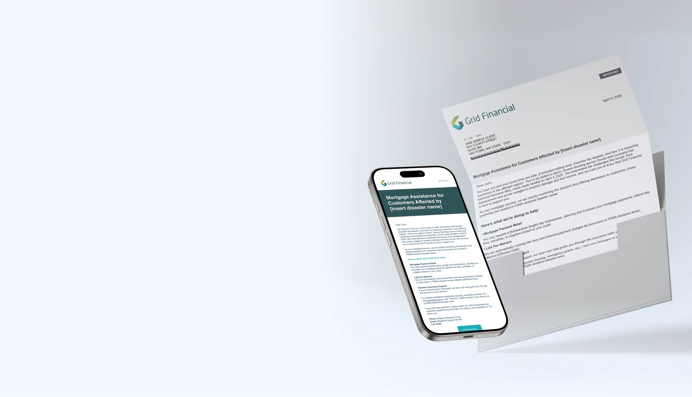 Smartphone and letter showing Grid Financial mortgage assistance for disaster-affected customers.