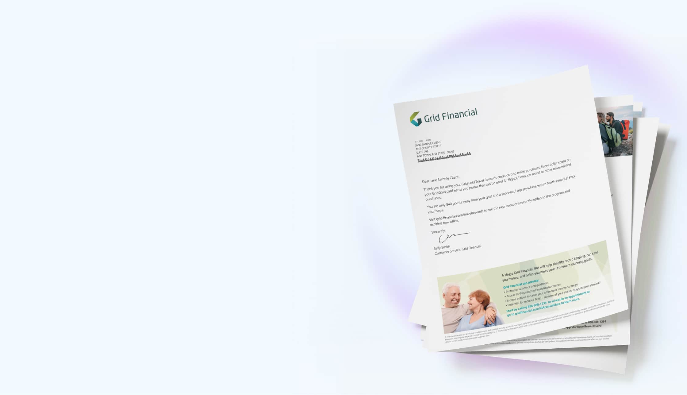 Stack of letters with a Grid Financial letter showing customer rewards and retirement account info.