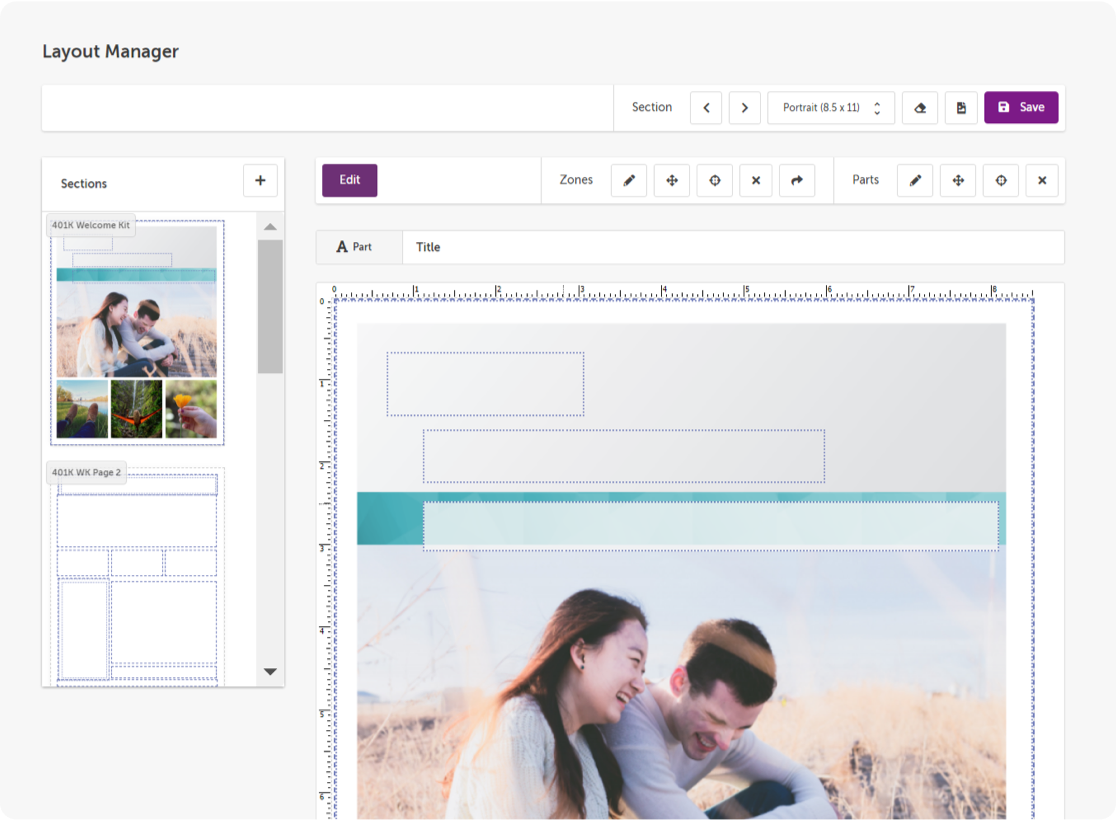 Layout Manager interface showing page sections and a preview with a photo of a laughing couple outdoors.