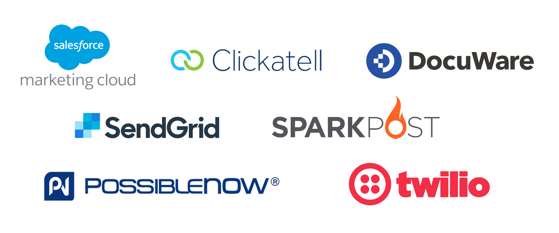 Logos of Salesforce Marketing Cloud, Clickatell, DocuWare, SendGrid, SparkPost, PossibleNow, and Twilio.