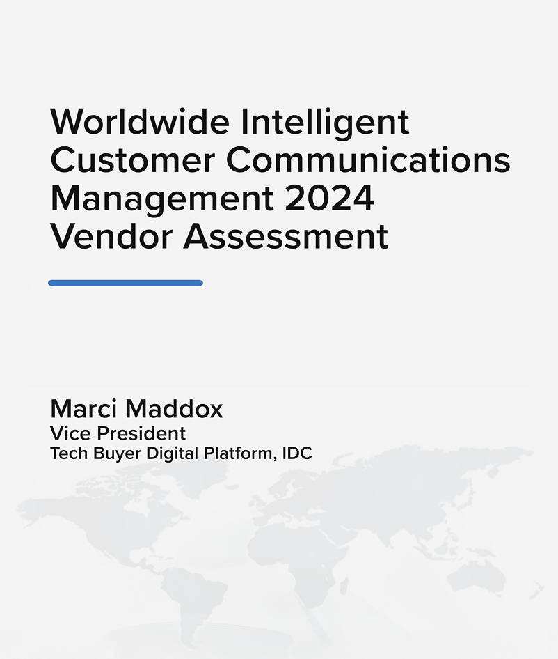 Cover page titled Worldwide Intelligent Customer Communications Management 2024 Vendor Assessment with author Marci Maddox.