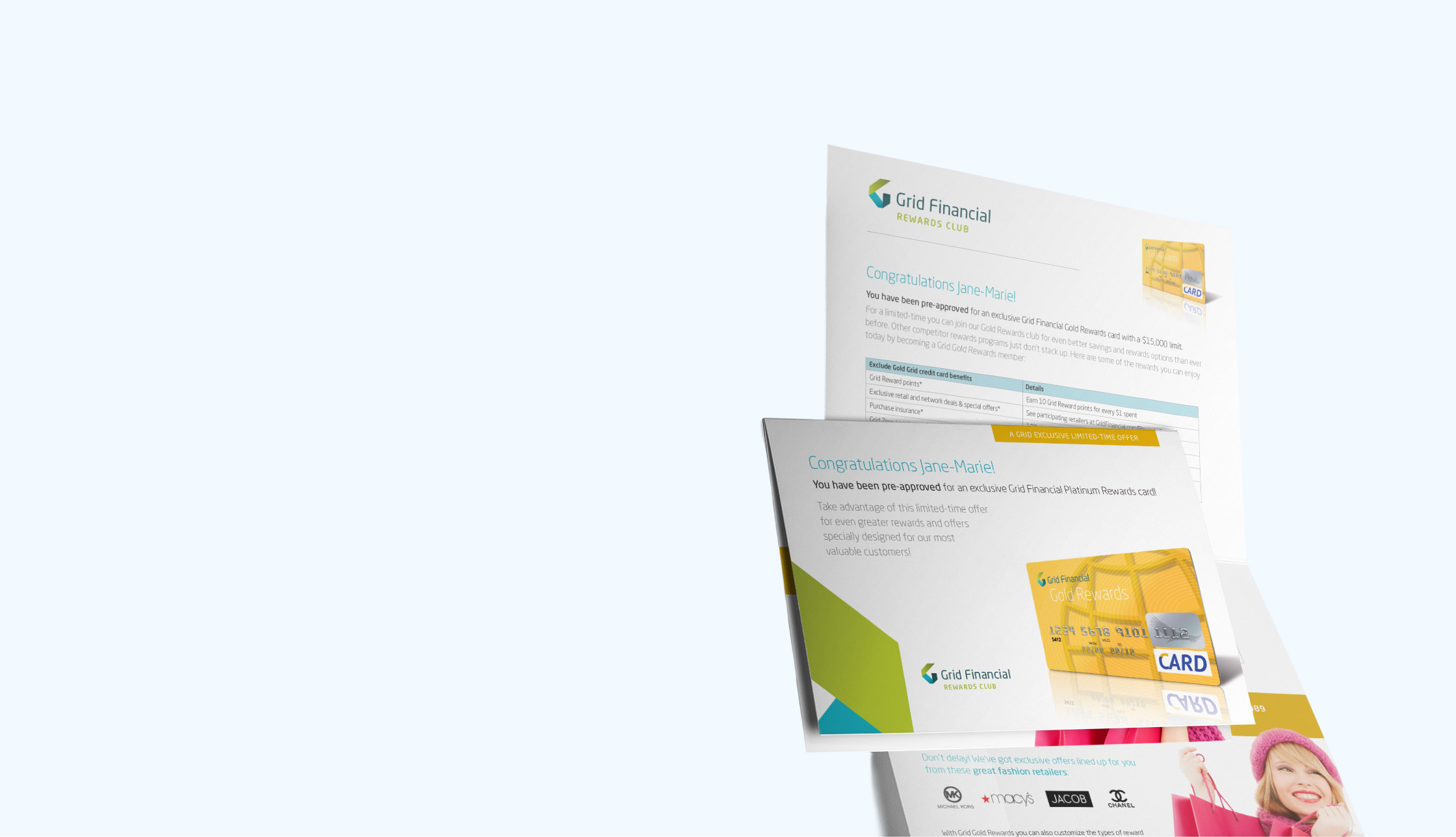 Promotional mail offering Grid Financial Gold Rewards credit card with rewards and limited-time offer.