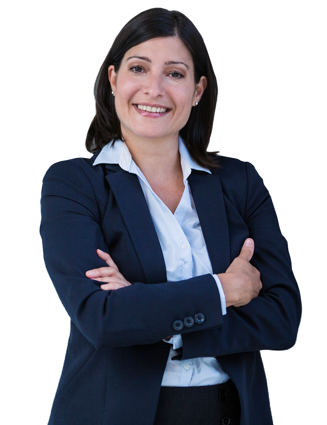 Smiling businesswoman in a navy blazer standing with her arms crossed