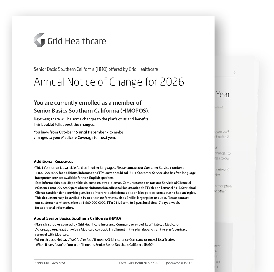 Grid Healthcare 2026 Annual Notice of Change member booklet mockup shown as two pages