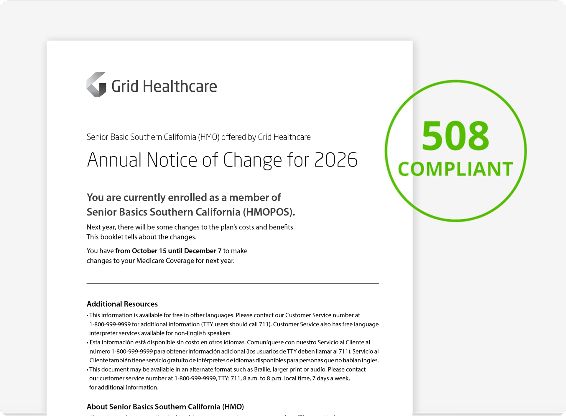 Section 508–compliant Annual Notice of Change document from Grid Healthcare, marked with a 508 Compliant badge