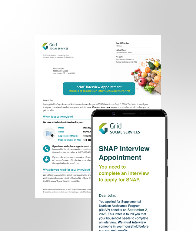 Grid Social Services SNAP interview letter and mobile notification for Supplemental Nutrition Assistance Program application.