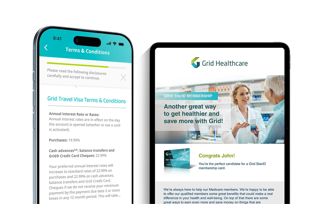 Two smartphones displaying Grid Healthcare membership and travel visa terms and conditions pages side by side.