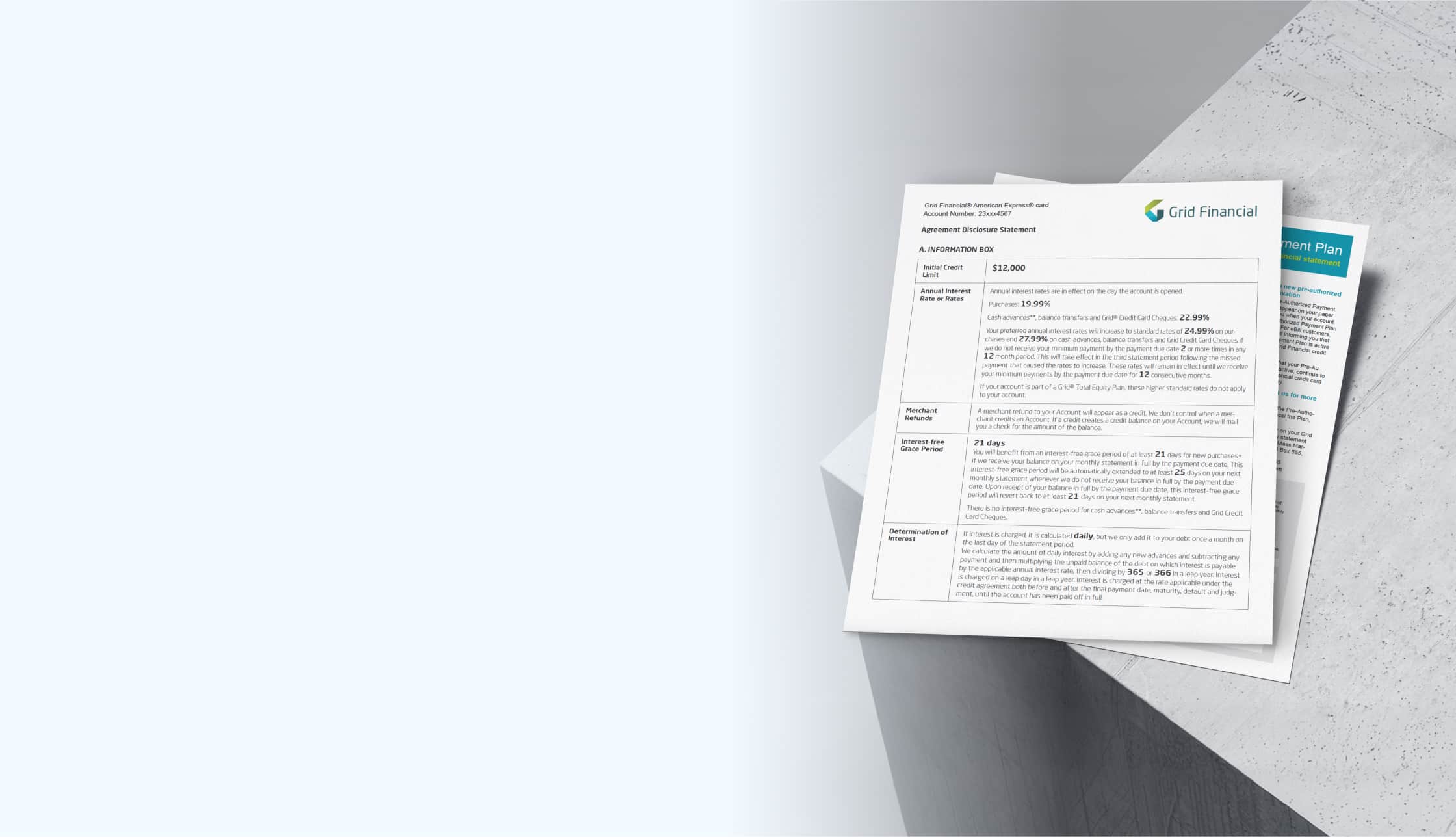 Grid Financial American Express credit card agreement disclosure statement and repayment plan documents.